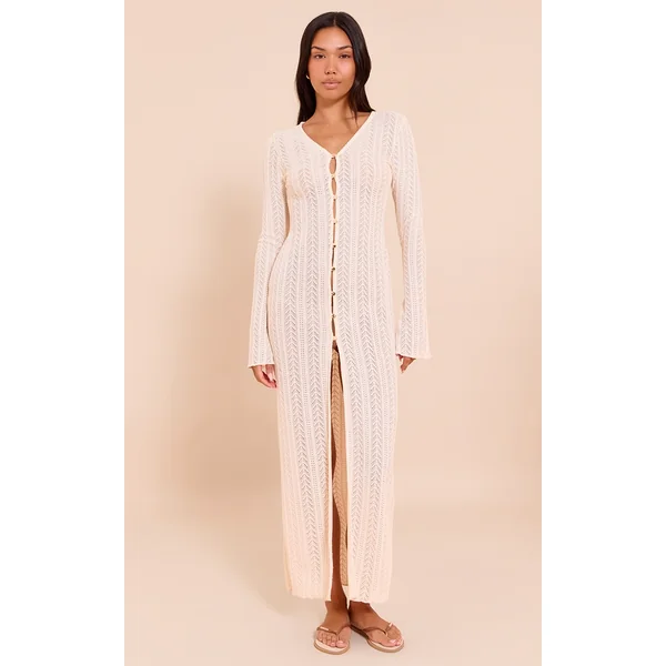 Cream Textured Button Flared Sleeve Maxi Dress