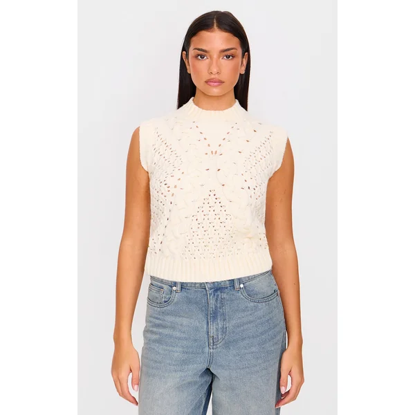 Cream Textured Cable Knit Sweater Vest