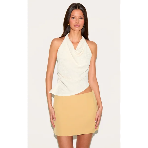 Cream Textured Cowl Neck Asymmetric Hem Long Top