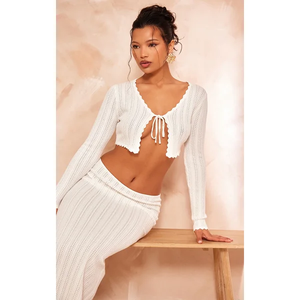 Cream Textured Crochet Knit Tie Front Top