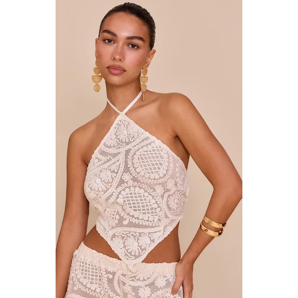 Cream Textured Embroidered Halterneck Tie Back Top