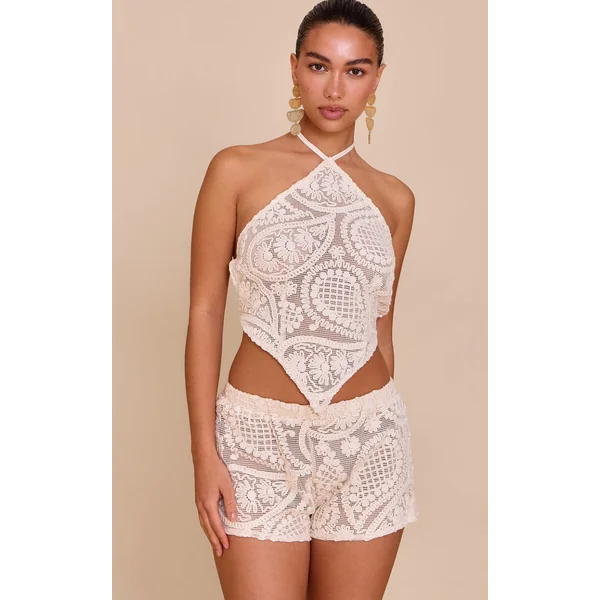 Cream Textured Embroidered Mid Rise Mini Shorts