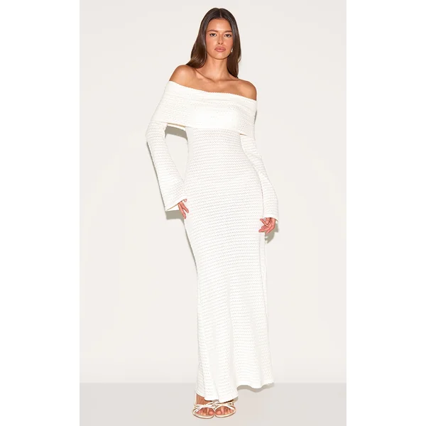 Cream Textured Extreme Bardot Long Sleeve Maxi Dress