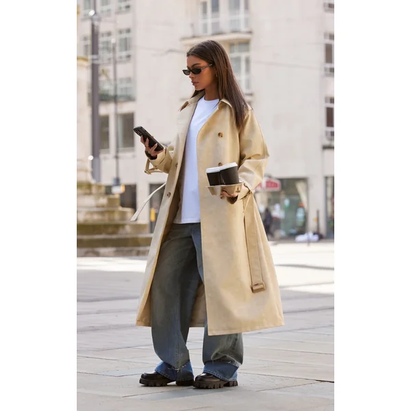 Cream Textured Faux Leather Trench Coat