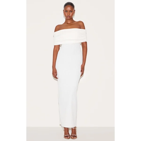 Cream Textured Fold Over Bardot Maxi Dress