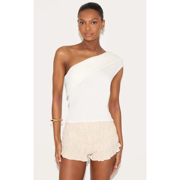 Cream Textured Fold Over One Shoulder Long Top