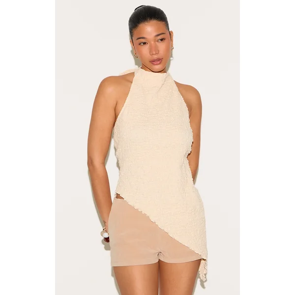 Cream Textured High Neck Asymmetric Hem Detail Long Top