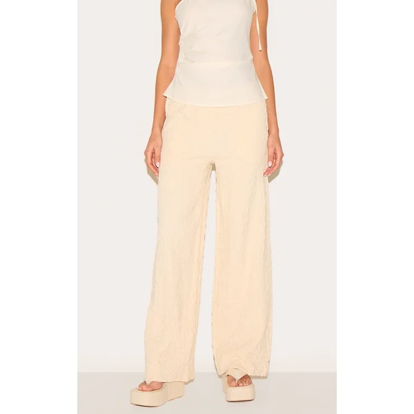 Cream Textured Jersey Drawstring Waist Wide Leg Pants