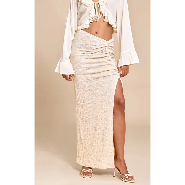 Cream Textured Jersey Ruched Side Maxi Skirt