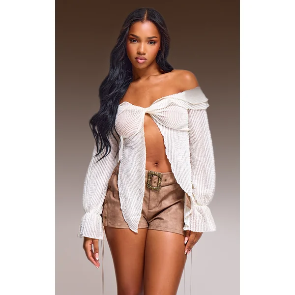 Cream Textured Long Sleeve Bardot Crop Top