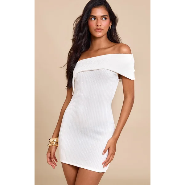 Cream Textured One Shoulder Bardot Bodycon Dress