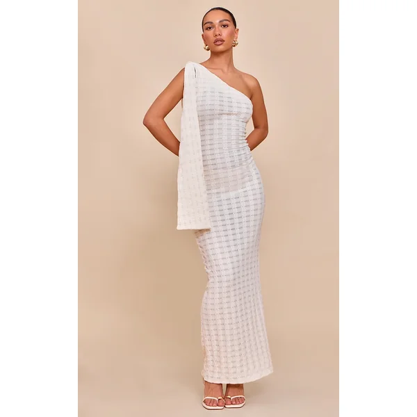 Cream Textured One Shoulder Drape Detail Maxi Dress