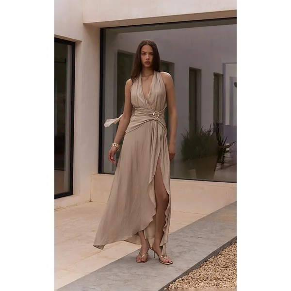 Cream Textured Plunge Trim Detail Maxi Dress