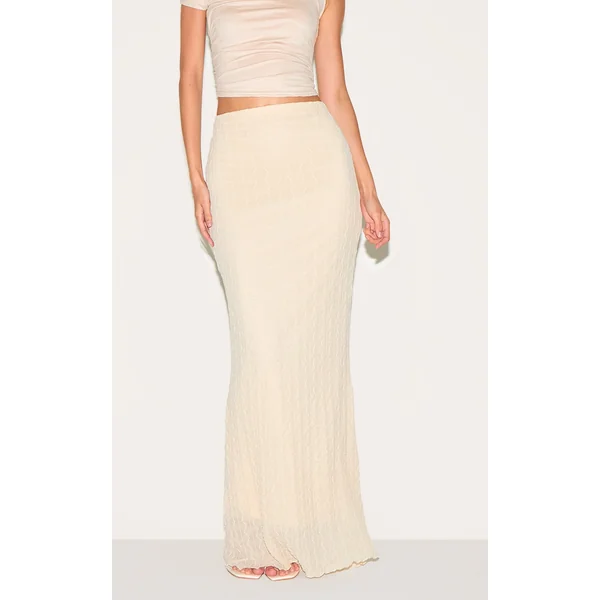 Cream Textured Ruched Maxi Skirt
