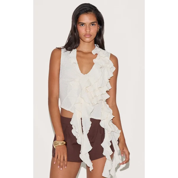Cream Textured Ruffle Asymmetric Long Top