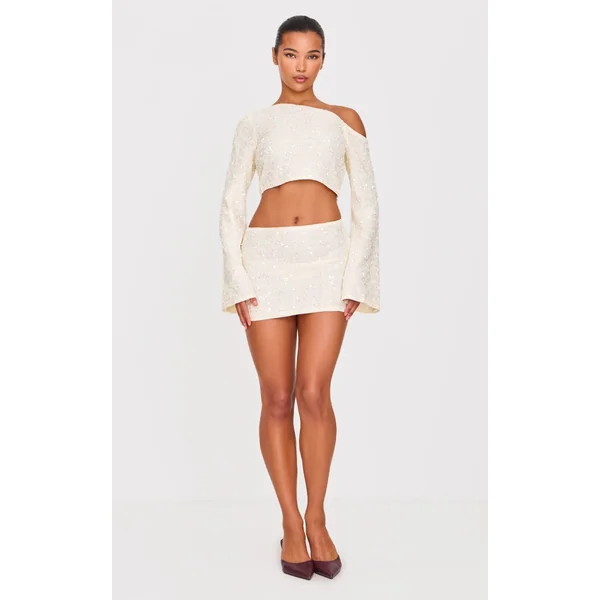 Cream Textured Sequin Micro Mini Skirt