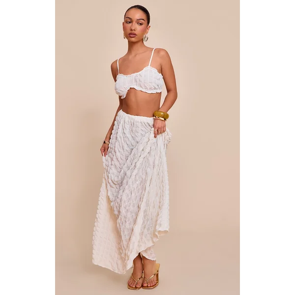 Cream Textured Shirred Maxi Skirt