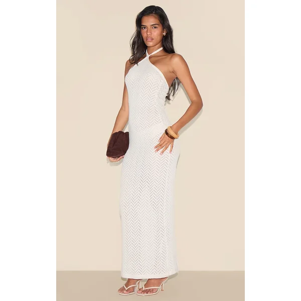 Cream Textured Tie Halter Maxi Dress