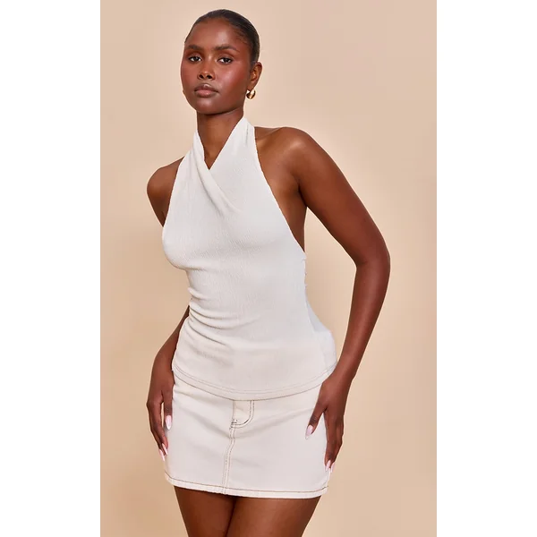 Cream Textured Twisted Halter Neck Long Top