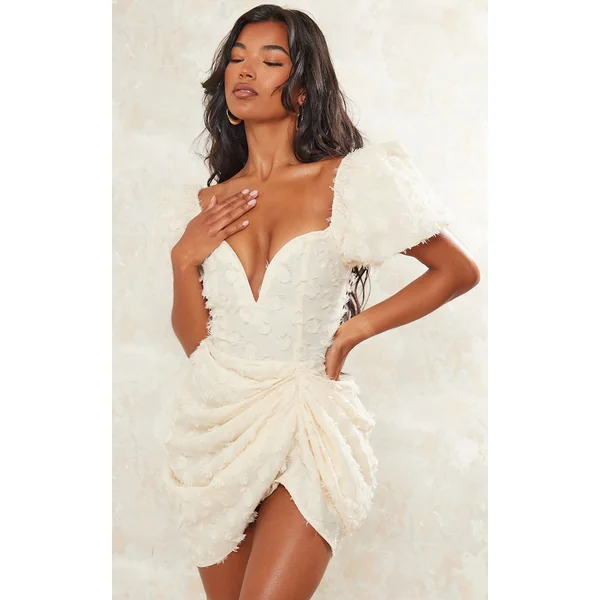 Cream Textured Underwired Plunge Drape Bodycon Dress