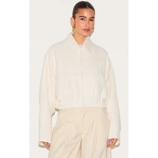 Cream Textured Zip Up Bomber Jacket