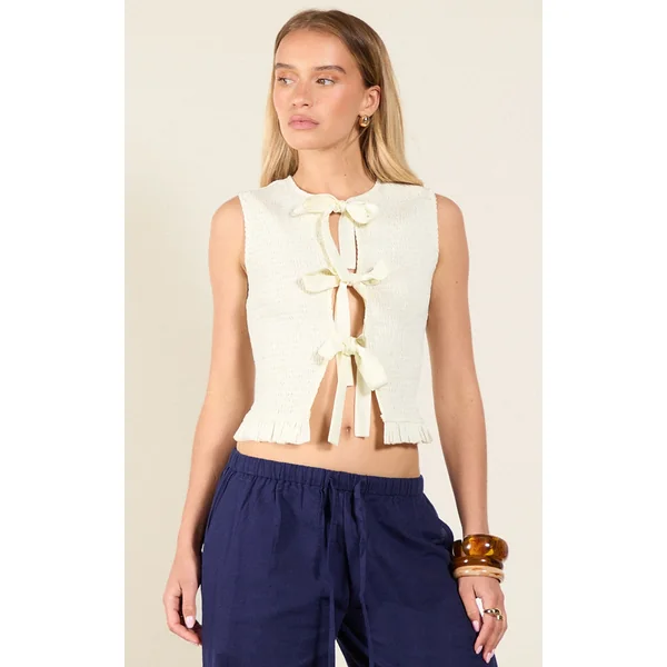 Cream Tie Front Extreme Shirred Top