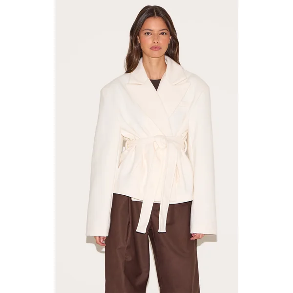 Cream Tie Waist Wool Look Single Breasted Tie Up Blazer