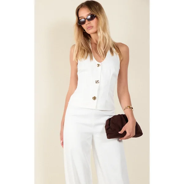 Cream Trim Detail Textured Woven Vest