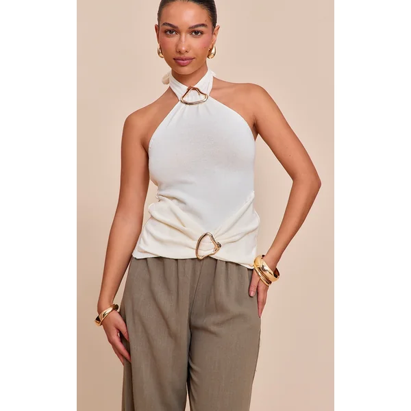 Cream Trim Detail Wrap Halter Neck Top