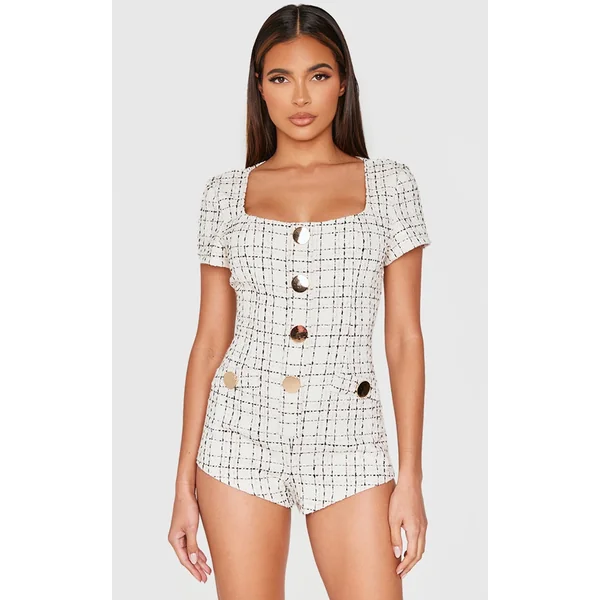 Cream Tweed Short Sleeve Button Detail Romper