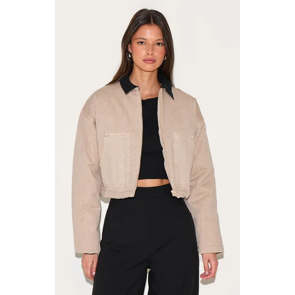 Cream Twill Contrast Collar Cropped Jacket