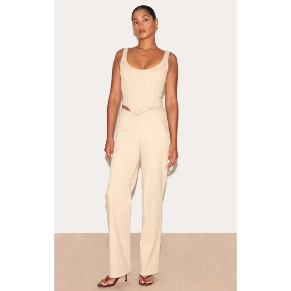 Cream Twill Dipped Waistband Straight Leg Pants