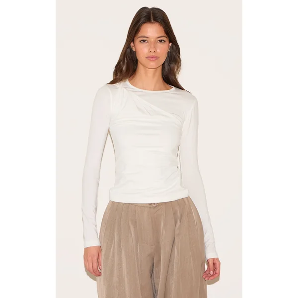 Cream Twist Detail Overlay Long Sleeve Top