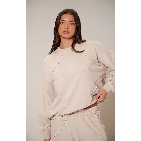 Cream Washed Distressed Seam Graphic Sweatshirt