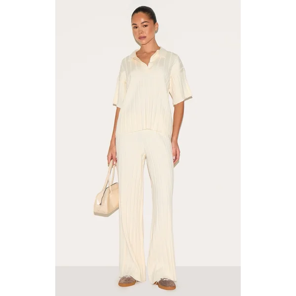 Cream Wide Rib Knit Pants
