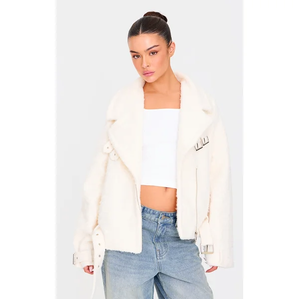 Cream Wool Look Aviator Jacket