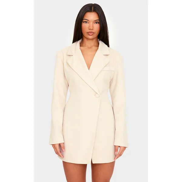 Cream Wool Look Cinched Waist Blazer Dress