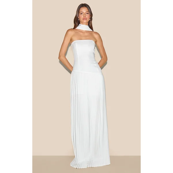 Cream Woven Asymmetric Pleated Maxi Dress