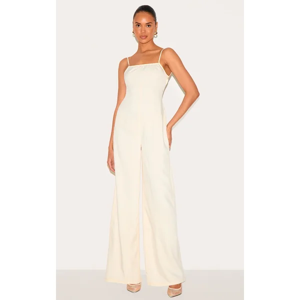 Cream Woven Backless Square Neck Wide Leg Jumpsuit