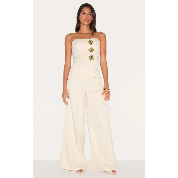 Cream Woven Bandeau Trim Detail Straight Leg Jumpsuit