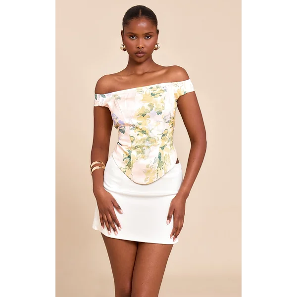 Cream Woven Bardot Printed Longline Corset