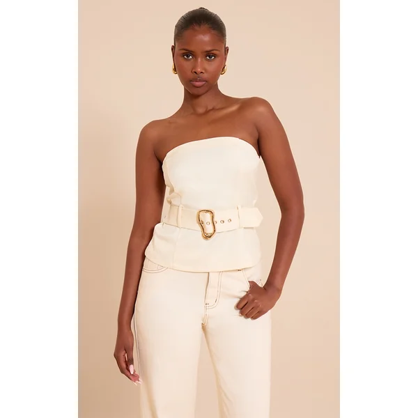 Cream Woven Belted Trim Detail Bandeau Top