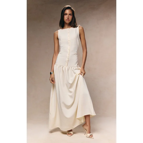 Cream Woven Button Dropped Waist Maxi Dress