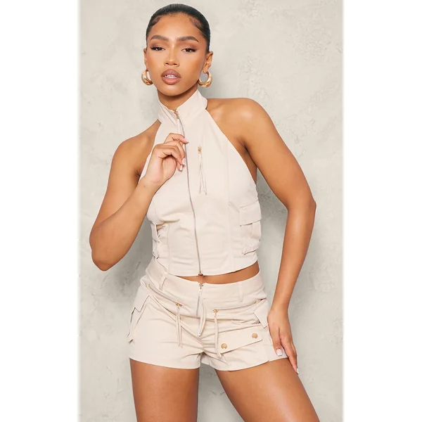 Cream Woven Cargo High Neck Fitted Top