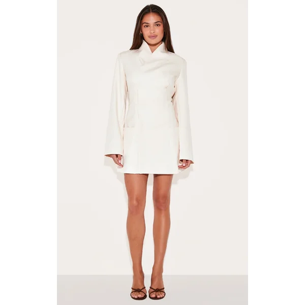 Cream Woven Collarless Blazer Dress