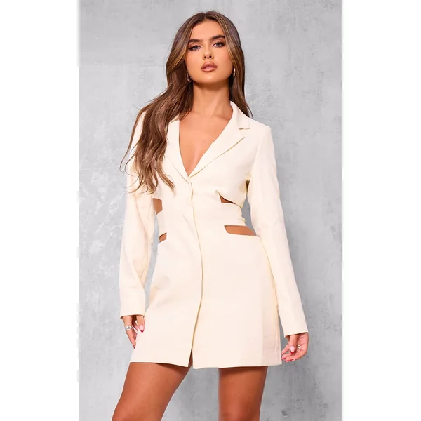 Cream Woven Cut Out Tie Back Blazer Dress