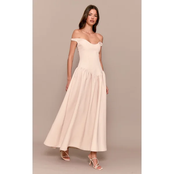Cream Woven Dipped Bardot Ruched Midaxi Dress