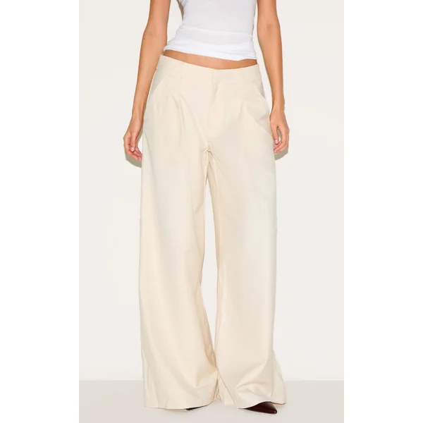 Cream Woven Double Pleat Wide Leg Pants