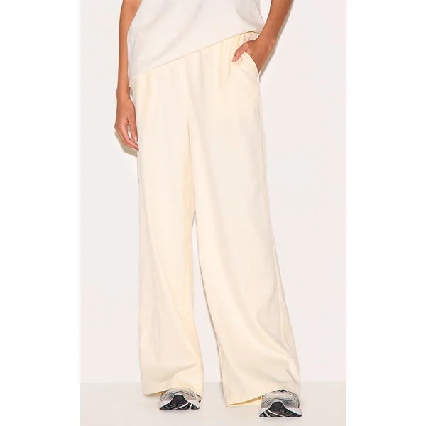 Cream Woven Elasticated Waist Wide Leg Pants