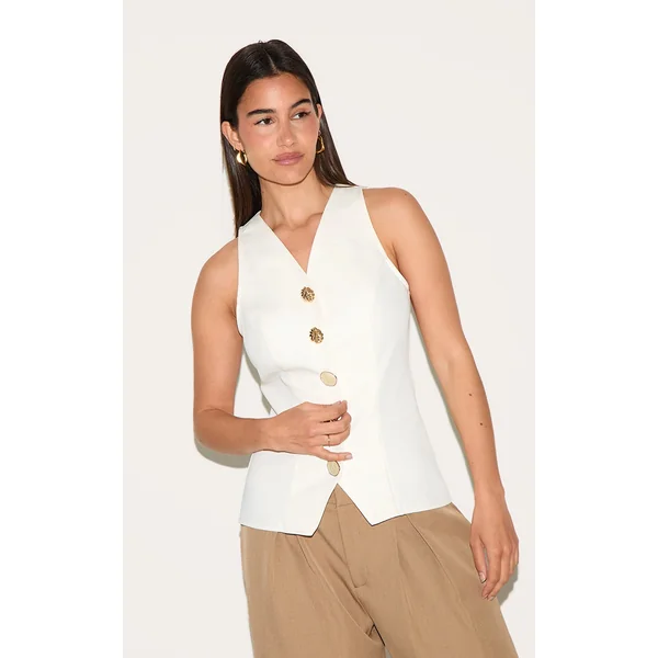 Cream Woven Gold Button Detail Fitted Vest